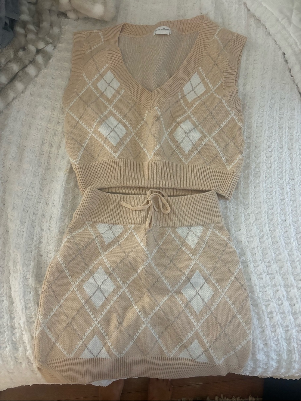Lovers and Friends Beige Argyle Knit Crop Vest & Skirt Set